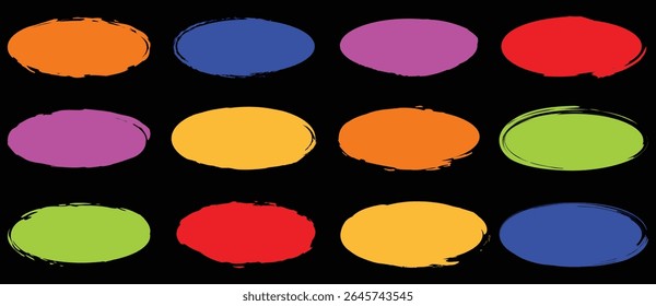 Set of colored grunge circles shapes on a white background. Paint brush stamp collection. Vector brush circle. Grunge round shape, multicolor paint brush circle 