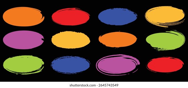 Set of colored grunge circles shapes on a white background. Paint brush stamp collection. Vector brush circle. Grunge round shape, multicolor paint brush circle 