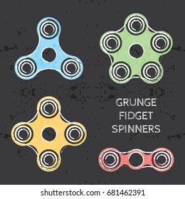 Set of colored grunge fidget hand spinner icons. Two, three, four, five arms toys for stress relief and improvement of attention span. Design for banner, poster, t-shirt, flyer. Vector illustration.