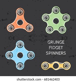 Set of colored grunge fidget hand spinner icons. Two, three, four, five arms toys for stress relief and improvement of attention span. Design for banner, poster, t-shirt, flyer. Vector illustration.