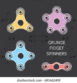 Set of colored grunge fidget hand spinner icons. Two, three, four, five arms toys for stress relief and improvement of attention span. Design for banner, poster, t-shirt, flyer. Vector illustration.