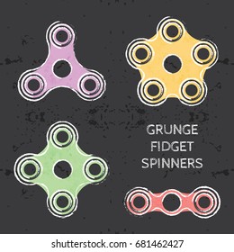 Set of colored grunge fidget hand spinner icons. Two, three, four, five arms toys for stress relief and improvement of attention span. Design for banner, poster, t-shirt, flyer. Vector illustration.