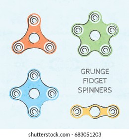 Set of colored grunge fidget hand spinner icons. Two, three, four, five arms toys for stress relief and improvement of attention span. Design for banner, poster, t-shirt, flyer. Vector illustration.