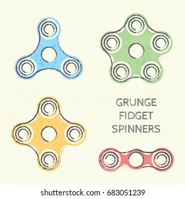 Set of colored grunge fidget hand spinner icons. Two, three, four, five arms toys for stress relief and improvement of attention span. Design for banner, poster, t-shirt, flyer. Vector illustration.