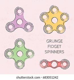 Set of colored grunge fidget hand spinner icons. Two, three, four, five arms toys for stress relief and improvement of attention span. Design for banner, poster, t-shirt, flyer. Vector illustration.