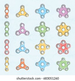 Set of colored grunge fidget hand spinner icons. Two, three, four, five arms toys for stress relief and improvement of attention span. Design for banner, poster, t-shirt, flyer. Vector illustration.