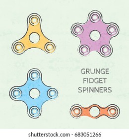 Set of colored grunge fidget hand spinner icons. Two, three, four, five arms toys for stress relief and improvement of attention span. Design for banner, poster, t-shirt, flyer. Vector illustration.