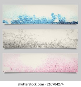 Set of colored grunge horizontal banners. Decorative banners with mosaic effect. 