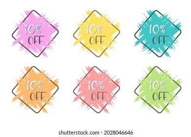 set of colored grunge stickers with a 10 percent discount for business, sales, advertising promotion, stickers and labels. Flat style