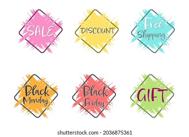 set of colored grunge stickers for business, sales, advertising promotion, banners and stickers. Flat style.