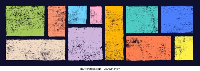 Conjunto de grunge coloreado con varias Formas rectangulares doodle con bordes ásperos, elemento gráfico para diseños infantiles, fondos, bordes, marcos. Diseño de Vector. Grunge de garabatos infantiles de color Plantilla.