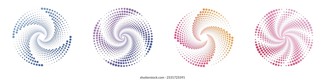 Um conjunto de círculos coloridos pontilhados em meio-tom. Ilustração vetorial de círculos em espiral de gradiente colorido abstrato com pontos isolados no fundo branco. Logotipo circular. Cartaz. Faixa. Elemento de design.