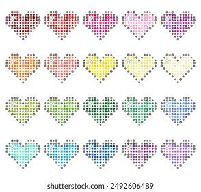 Set of colored halftone pixel hearts made of dots isolated on a white background. Vector illustration.