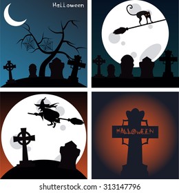 Set of colored halloween backgrounds with text and graveyards