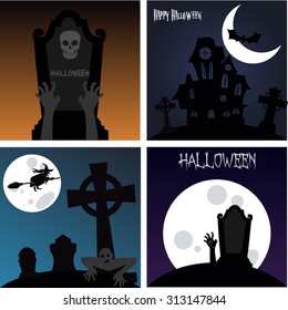 Set of colored halloween backgrounds with text and graveyards