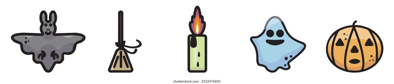 A set of colored halloween icons with a bat, broom, burning candle, ghost and pumpkin. Happy Halloween holiday.
