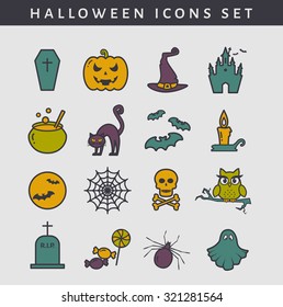 Set of colored Halloween icons with outline. Collection of cute symbols isolated on clear background. Vector illustration.