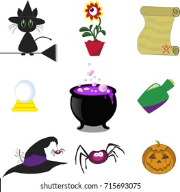 set of  colored  Halloween magic clip art isolated on white background. Vector illustration. Clip art. 