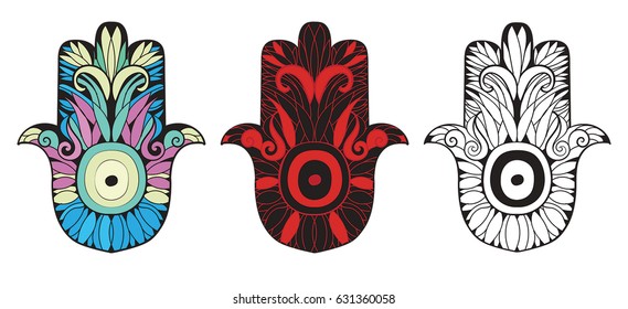 Set of Colored hamsa and Black and white. Vector illustration in retro style and drawing.