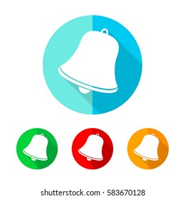 Set of colored hand bell icons. White hand bell with long shadow. Vector illustration. Hand bell icon on a the round button.