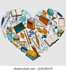 Set of colored hand drawing school supplies elements, vector illustration