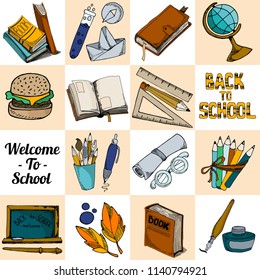 Set of colored hand drawing school supplies elements, vector illustration