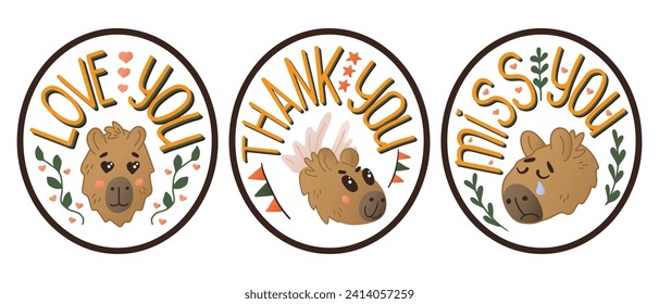 Set of colored hand drawn capybaras head with text. Valentines day concept printout. Cute flat animal character with hearts. Isolated colored illustration on white background. Good for poster