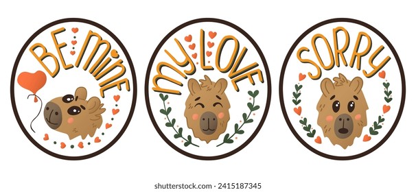 Set of colored hand drawn capybaras and lettering. Valentines day concept printout. Cute flat animal character with hearts. Isolated colored illustration on white background. Good for poster