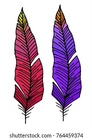 Set of Colored Hand drawn Feathers on white background. Useful for Sticker, Pattern, Coloring, Ethnic Design and other. Girly or Boho Stuff.