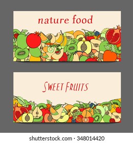 Set of colored hand drawn fruit banners on gray background