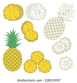 Set of colored and hand drawn pineapples on the white background. Isolated icon.