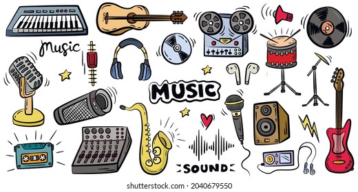 Set of colored hand drawn sketches of doodles of musical culture on white background