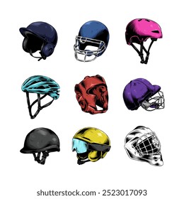 Set colored hand drawn vintage engraving of baseball, american football, skate, bike, head guard, cricket, jockey, ski, ice hockey helmet. Isolated on white background. Vector illustration.