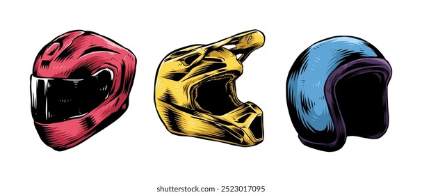 Set colored hand drawn vintage engraving of motorcycle, motocross, rider helmet. Isolated on white background. Vector illustration.
