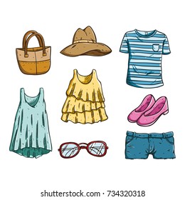 set of colored hand drawn of woman fashion clothing and accessories on white background
