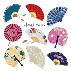 Set Of Colored Hand Fans. Chinese And Japanese Paper Fans, Vintage Asian Accessories. Vector Illustration For Fashion, Original Design, Oriental Culture Concept