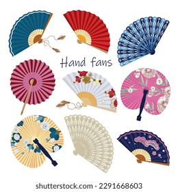 Set of colored hand fans. Chinese and Japanese paper fans, vintage Asian accessories. Vector illustration for fashion, original design, oriental culture concept