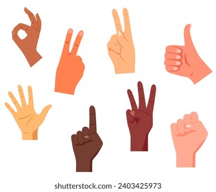 Set of colored hand gestures. Vector illustration of different hand gestures of light and dark-skinned people: okay, peace, victory, super, attention, greeting, fist isolated on white background.