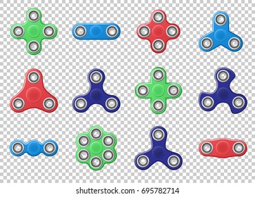 Set of colored Hand spinner realistic vector illustration. Hand spinner tricks isolated on transparent background