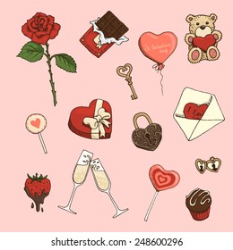 Set of colored hand-drawn elements for St.Valentine's Day