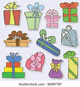 Set of colored hand-drawn gifts isolated on white background