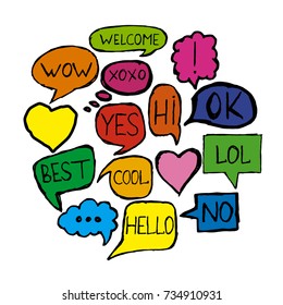 Set of colored hand-drawn speech bubbles. Freehand doodle, icons. Colorful comic balloons.