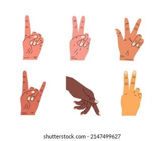 A set of colored hands of different nationalities. Hands depicting different symbols and signs. Vector illustration for printing on a postcard, poster, banner.