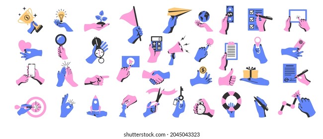 Set of colored hands with objects. Collection of hand gestures. Business elements, documents and digital devices. Money and credit card. Vector illustration flat design. Isolated on white background.