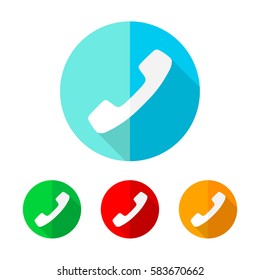 Set of colored handset icons. White handset with long shadow. Vector illustration. Handset icon on a the round button.