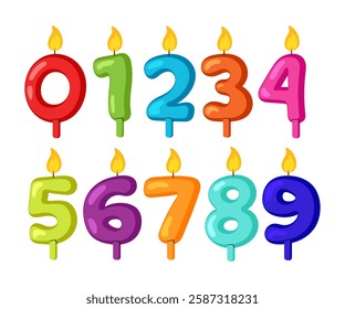 Set colored Happy Birthday candle numbers. Cartoon anniversary celebration, Birthday cake decorative elements with burning lights.