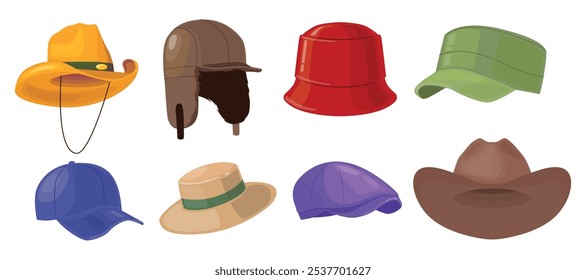 Conjunto de chapéus coloridos em estilo cartoon. Ilustração vetorial de vários chapéus bonitos, bonés, chapéus de cowboy, boina, chapéu de palha, panamá, chapéu de gorro isolado no fundo branco. Chapéus masculino e feminino.