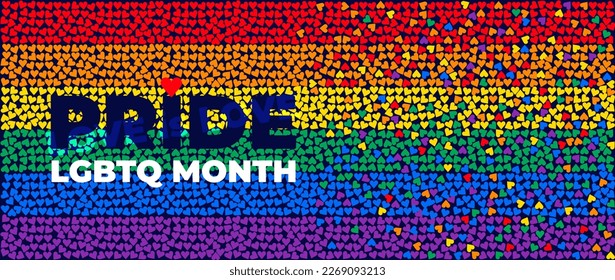 Set of colored hearts banner logo lgbtq pride month with rainbow. Pride flag of hearts. Background with LGBTQ Pride colours. Vector symbol of pride month june support. Isolated on black background.