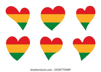 Set of colored hearts in the color of the Juneteenth flag, isolated on a transparent background. Freedom day of June. Vector illustration.