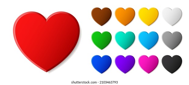 Set of colored hearts with glare and shadows isolated on white background. Contours of a heart is perfect for stickers, icons, valentine greeting cards and gift certificates